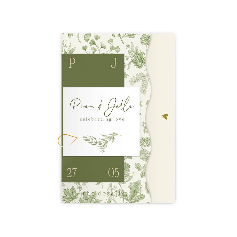 Stijlvolle botanische trouwkaart in groentinten - stapelkaart van 4 kaarten