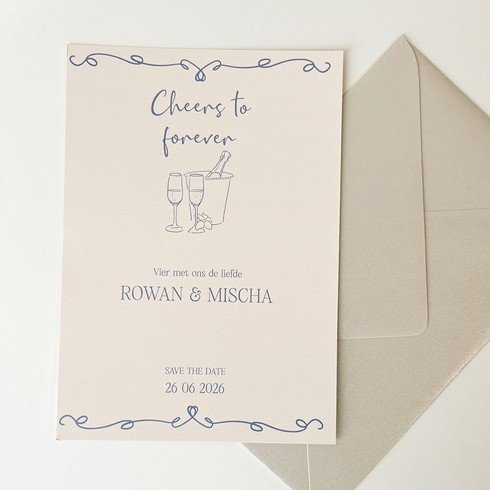 Klassieke trouwkaart met hippe illustraties